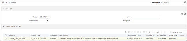 The Allocation Models Aummary page displays a set of Allocation Models. Using search criteria, you can control the set of Allocation Models that are displayed. When you Add, Edit, or View a rule, a detailed screen is displayed.