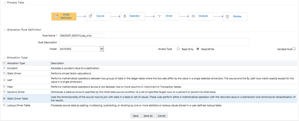 The Initial Definition tab allows you to select the basic details like rule name, description, access type, and variable value to the new allocation specification rule.