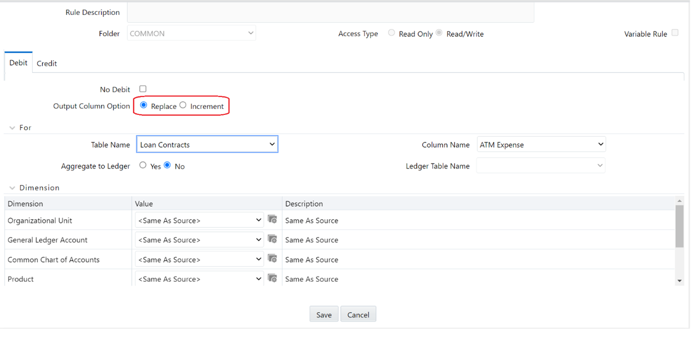 When the output table is Management Ledger, hierarchy node member can be selected in Output [Debit and Credit] tabs only for Static Driver and Dynamic driver allocation types. Other allocation types do not support hierarchy node member selection in Output.