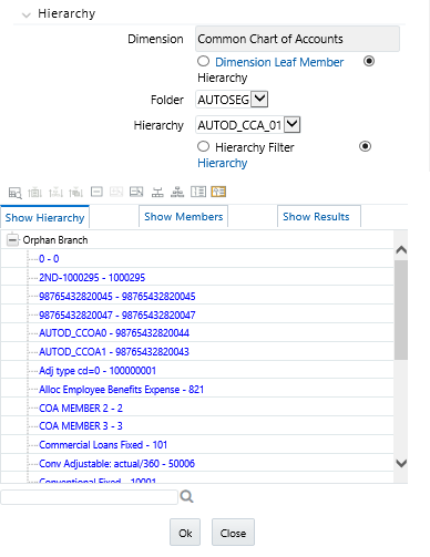 In the Hierarchy Browser window, select Common Chart of Accounts as the Dimension to see the orphan branches available that you want use.
