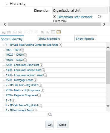 The Hierarchy Browser defaults to a list of leaves for the dimension you have chosen (the radio button selector near the top of the browser window defaults to Dimension Leaf Member). You may scroll up and down to find the leaf member you want or you may search for the member's name (short description) using the binoculars icon on the browser window.