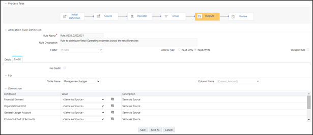 Both Debit definitions and Credit definitions are built and maintained on the Outputs process tab. Within the Outputs process tab, the Debit/Credit tabs allow you to navigate back and forth between a rule's Debit definition and its Credit definition.