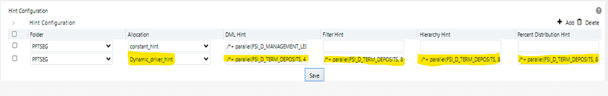 The SQL Hints configuration window allows you to define the SQL Hints that are used by the allocation engine while performing the SQL Stores into the FSI_SQL_HINTS_OPTIONS table.