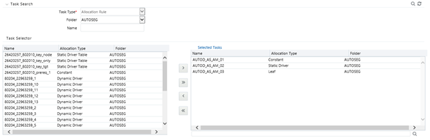The Task Selector pane allows you to define a single list of allocation rules. To construct a Circular Allocation Model, the Model Details pane allows a list of circular rules and a list of sweep rules.
