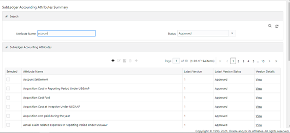 The Subledger Accounting Attributes Search Results