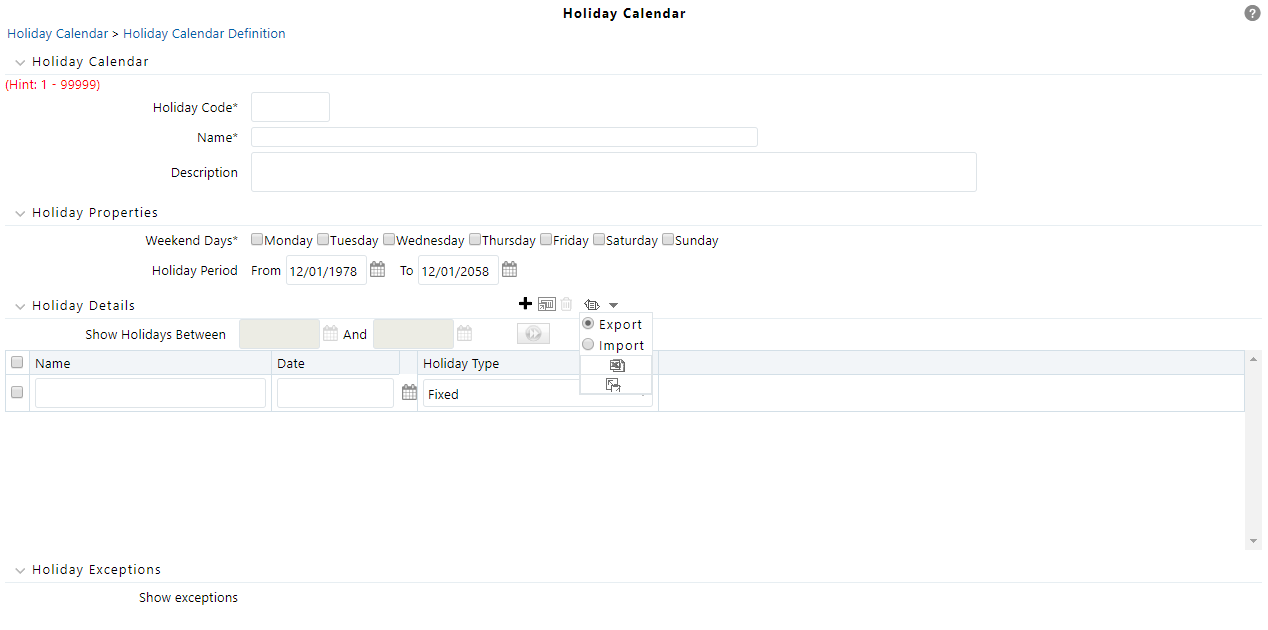 Holiday Calendar – Excel Import Export