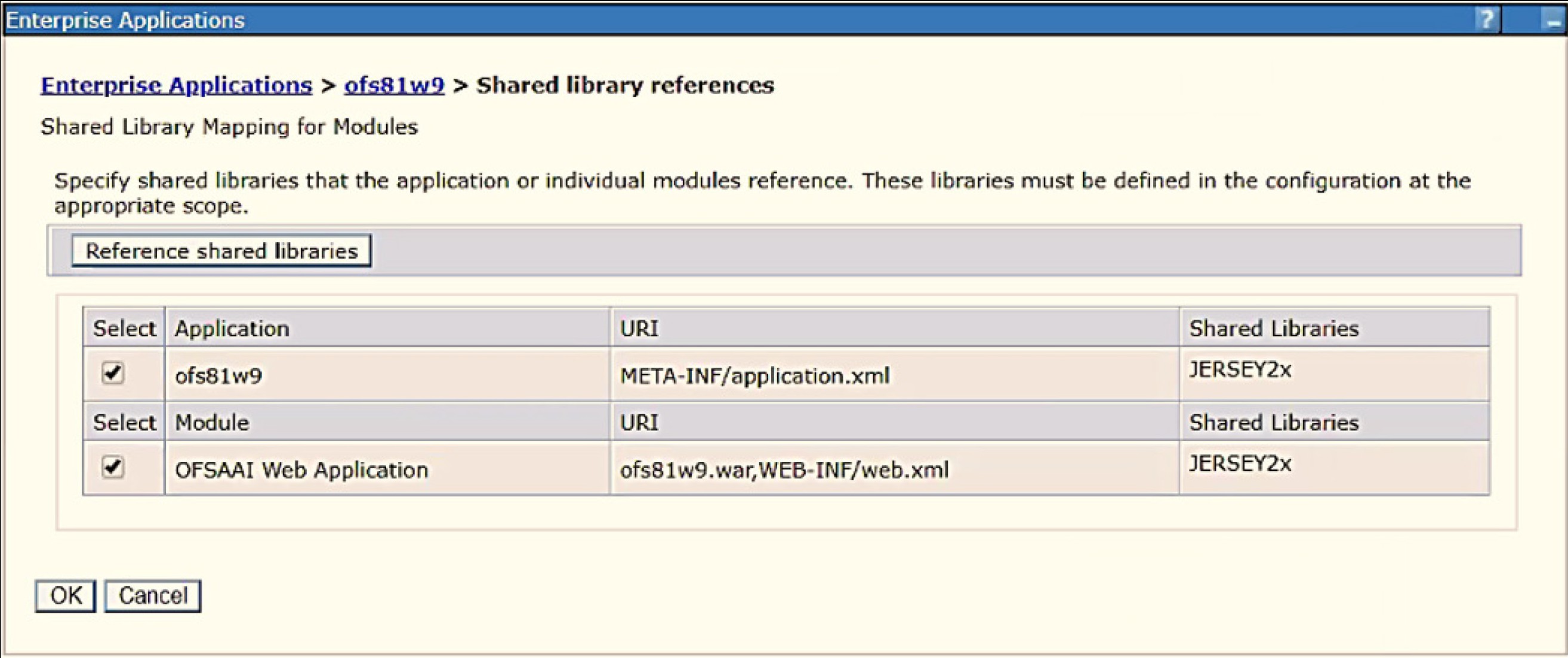 This image illustrates WebSphere Shared Libraries Select Next Application