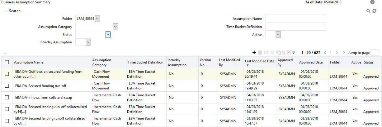 The image displays a search interface with multiple filtering parameters such as Folder, Assumption Name, Assumption Category, Time Bucket Definition, Status, and Active Status.