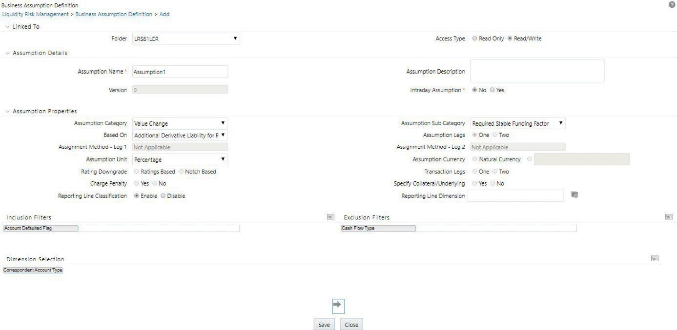 The Business Assumption Definition screen provides a structured form to define a new assumption. It includes fields for folder, access type, assumption name and description, and various assumption properties such as category, sub-category, unit, and method of assignment