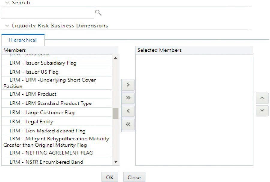 The image shows the Dimension Selection interface, listing the mandatory and aggregation dimensions available for defining business assumptions in liquidity risk processing.