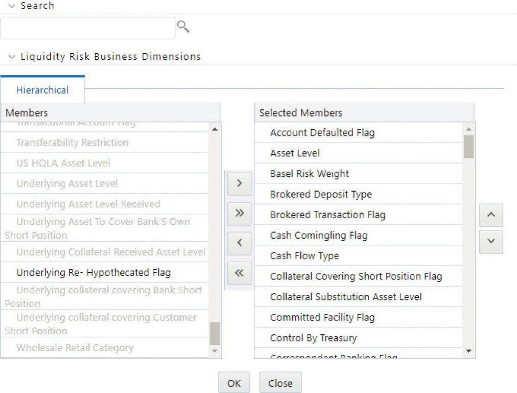 The image displays the hierarchy browser used within Application Preferences, enabling users to select and arrange dimensions for aggregation in liquidity risk calculations.