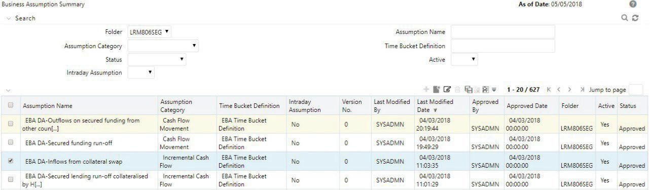 The Business Assumption Definition screen is shown with the “Retire” option highlighted. Retiring a business assumption removes it from being available in future run definitions while retaining it in the system for reference