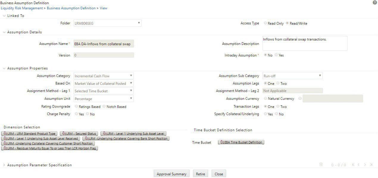 Business Assumption Definition window