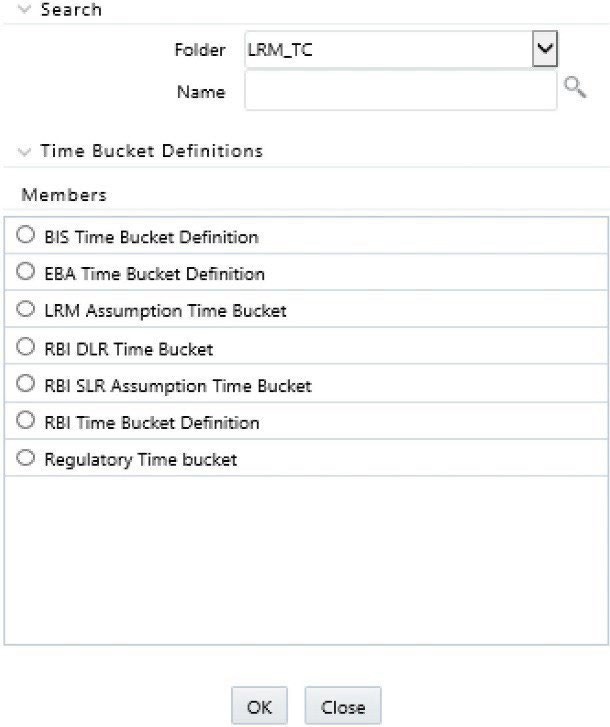 The image Displays the interface for selecting a computational time bucket definition when setting up a contractual run. The window lists predefined time bucket sets that guide how cash flows are distributed across time intervals for the run execution