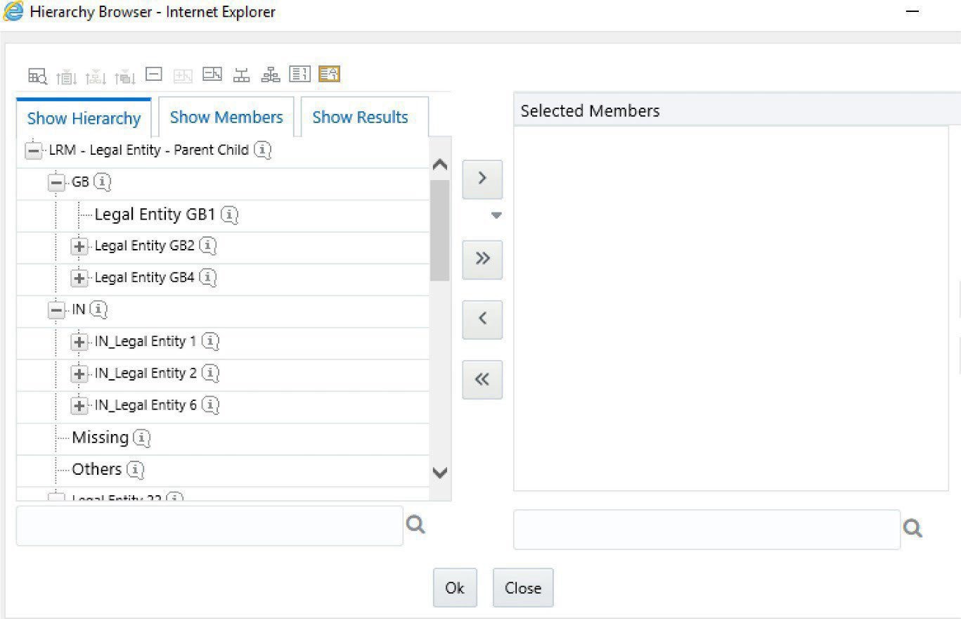 The image depicts the interface for selecting legal entities using a hierarchy browser during run definition. Users can choose one or more legal entities to apply to contractual cash flows, with options to arrange their sequence for processing