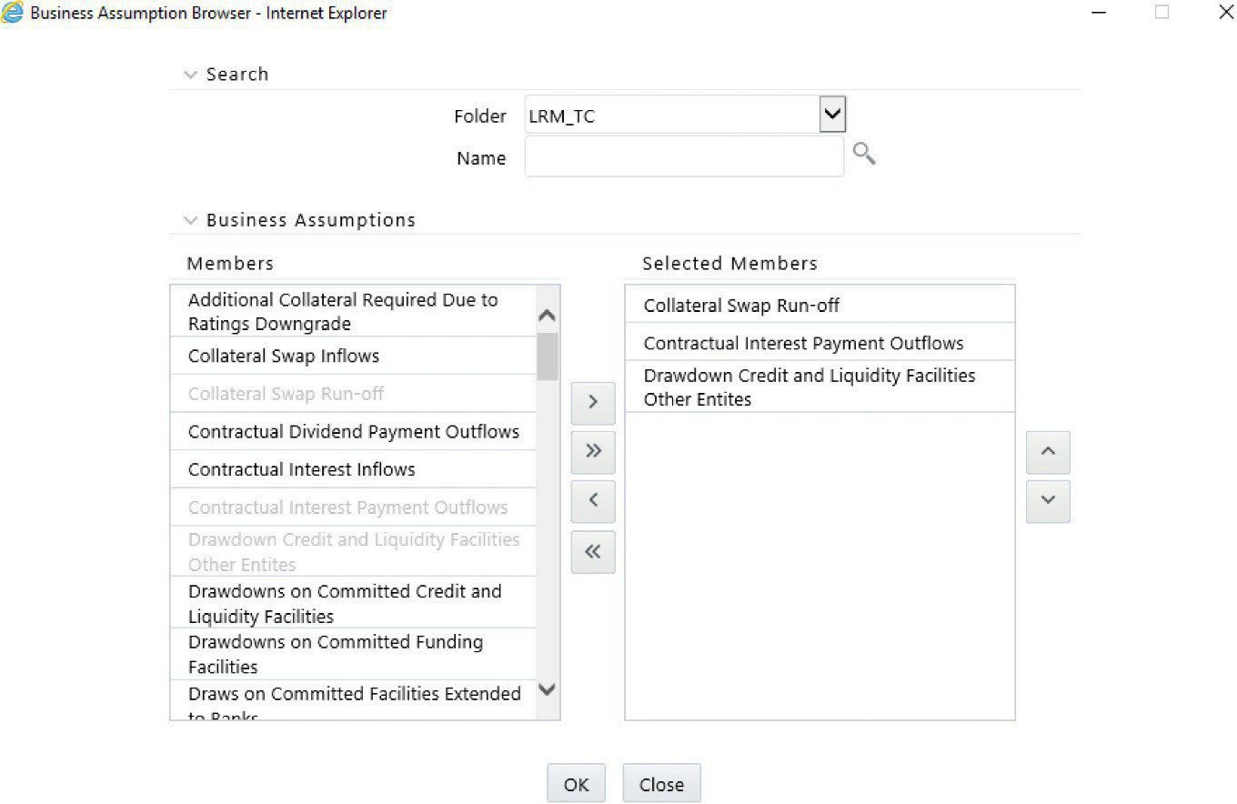 The image shows the Business Assumptions browser within a BAU run setup, allowing users to select approved assumptions with matching time bucket definitions. It includes tools to reorder selected assumptions and view details such as name, version, and category