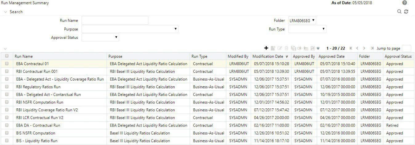 The image displays the summary window in the LRMM application, where users can define, approve, execute, and manage Run definitions. It includes search filters and a list view of all defined Runs, along with actions like edit, delete, copy, and view execution or approval details