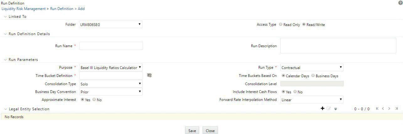 The image shows the Run Definition window used for setting up a Contractual Run, where users configure parameters such as run name, purpose, time bucket definition, consolidation type, and run type. This setup forms the basis for liquidity risk calculations under contractual assumptions