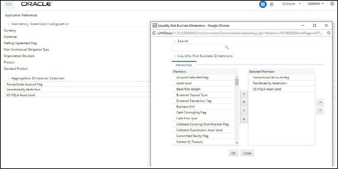 The image shows the dimension browser within Application Preferences, listing the selected aggregation and mandatory dimensions used for configuring liquidity risk processing.