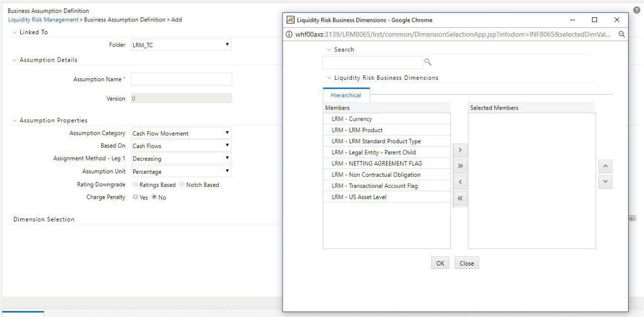 The image displays how the selected aggregation and mandatory dimensions from Application Preferences are reflected in the Dimension Selection section of the Business Assumption window.