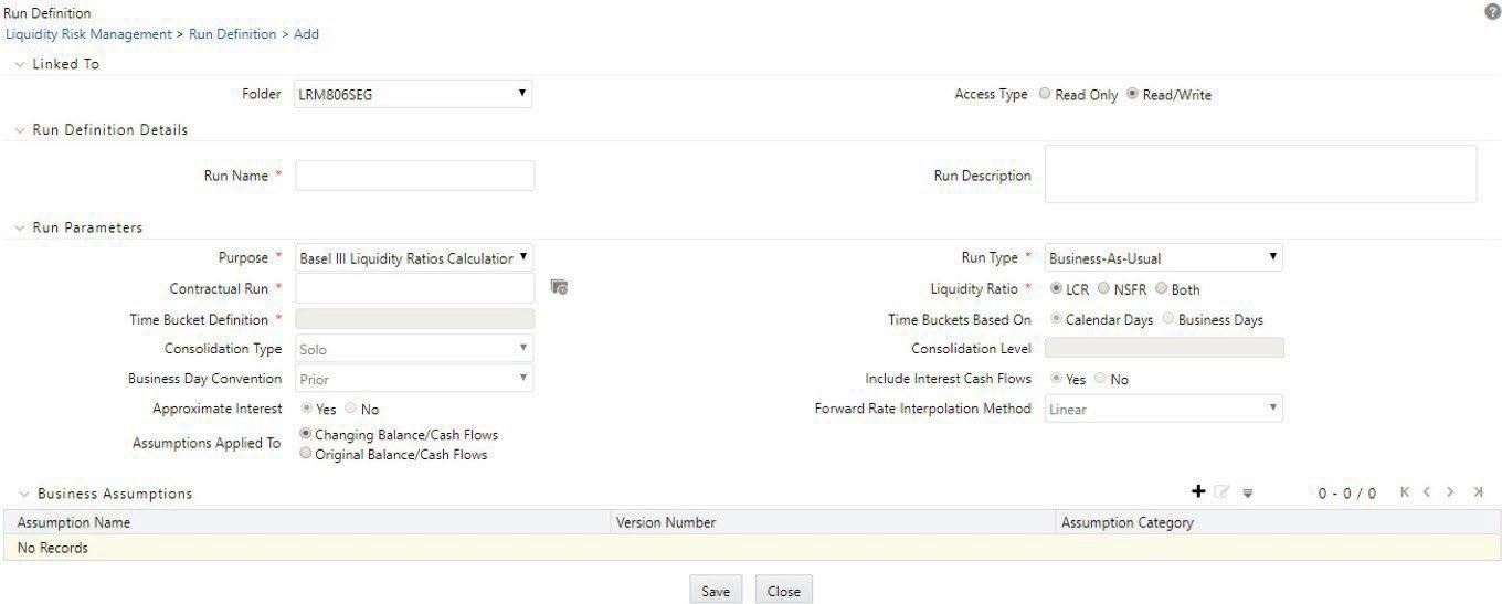 The image displays the Run Definition screen configured for a Business-As-Usual (BAU) Run, where users select a contractual run, apply business assumptions, and define liquidity ratio settings. This setup helps estimate liquidity gaps and ratios under normal operating conditions