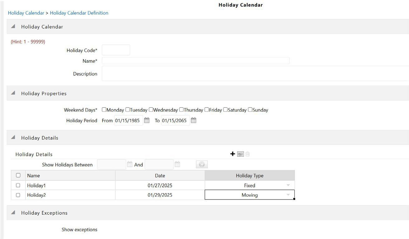 The image shows the Holiday Calendar Definitions screen with Excel export functionality, allowing users to copy, edit, and manage holiday data using a spreadsheet interface.