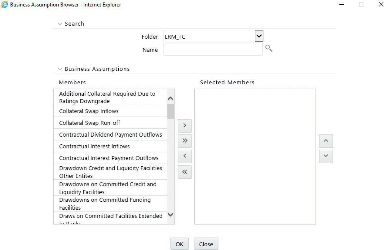 The image shows the Business Assumptions browser used during BAU Run setup, listing approved assumptions with matching time bucket definitions. Users can select, sequence, and apply one or more assumptions to contractual cash flows for behavioral adjustments