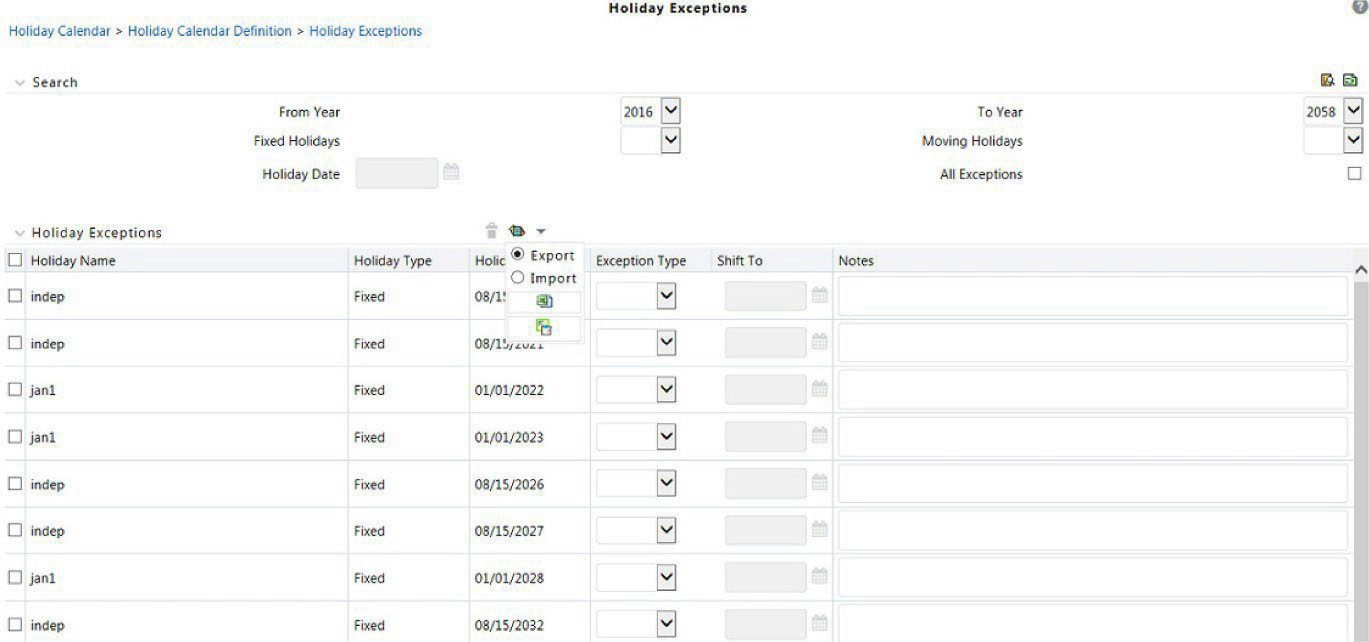 The image displays the Holiday Calendar Exceptions interface with Excel export capability, enabling users to define, modify, and manage holiday exceptions using spreadsheet input. The image displays the Holiday Calendar Exceptions interface with Excel export capability, enabling users to define, modify, and manage holiday exceptions using spreadsheet input.