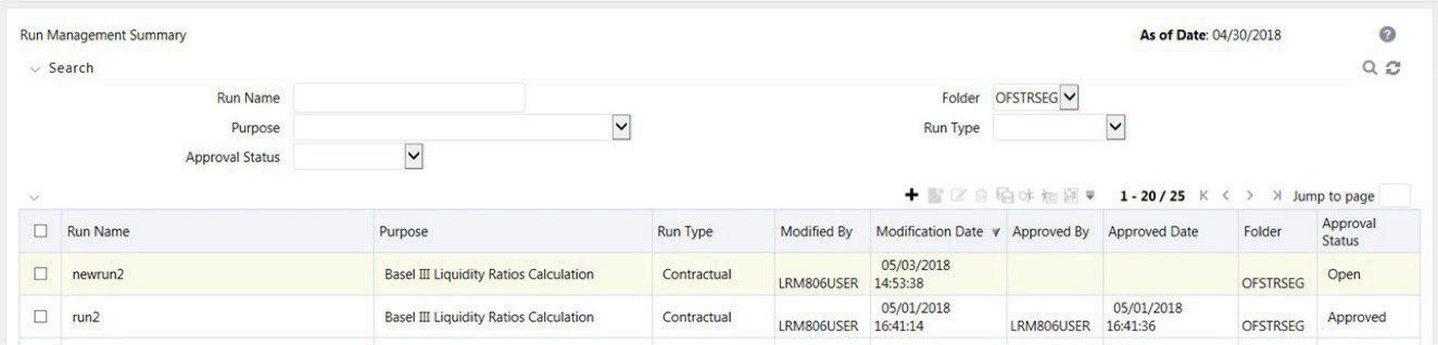 The image displays the Run Management Summary window with a run definition in Open status. This view allows users to review and make corrections to definitions that were previously rejected before resubmitting them for approval