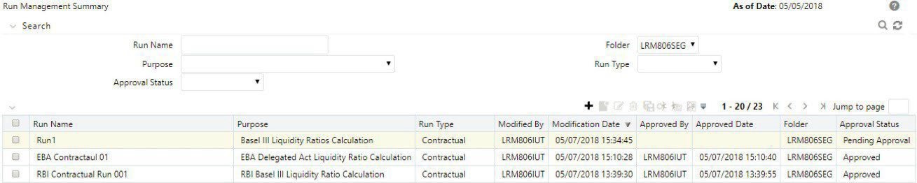 The image displays the Run Management Summary window showing a run definition in Pending Approval status. This interface allows approvers to view run details, initiate the approval process, or reject the definition, with edit options disabled during this stage