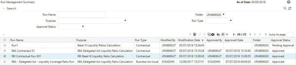 Illustrates the Run Management Summary screen displaying a run definition that is eligible for retirement. Once a definition is retired, it becomes unavailable for selection in future run executions, ensuring outdated configurations are excluded