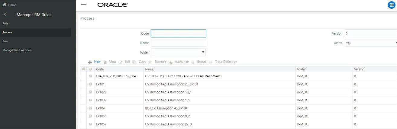 Illustrates the Process Selection window used to choose a process from the list of defined processes in the LRM system. Users can select and edit processes to customize execution tasks for a Run before approval and execution