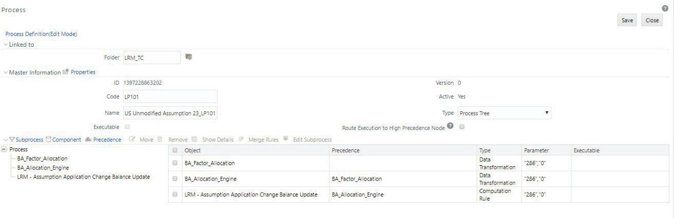 Shows the Process Window interface, where users can view and edit the selected process within the Manage LRM Rules section. This screen allows modification of process details and custom tasks for execution, with changes potentially overwritten by future patches