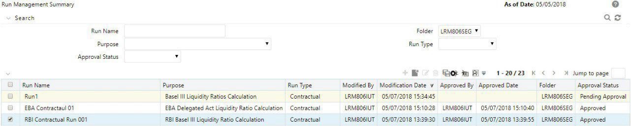 Displays the Run Management Summary screen showing a tabular list of run definitions with details like Run Name, Purpose, Run Type, Modified/Approved By, Dates, and Approval Status. Users can search, sort, and filter runs to manage execution workflows efficiently.