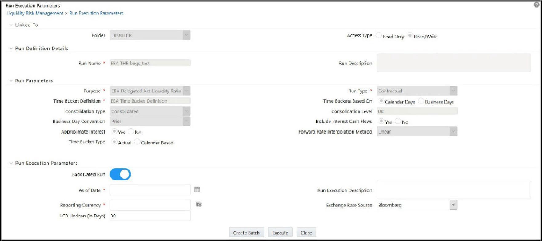 Displays the Run Execution Parameters interface where users configure execution-specific settings for a run. Inputs include run purpose, time bucket definition, currency, as-of date, backdated run toggle, and exchange rate source, with options to create a batch or execute the run