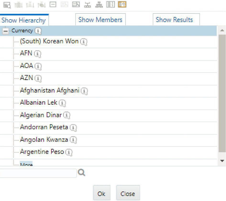 Displays the Hierarchy Browser window used for selecting currency dimension members during run setup. Users can expand the hierarchy, search for specific currencies, and confirm their selection to apply in liquidity risk computations.