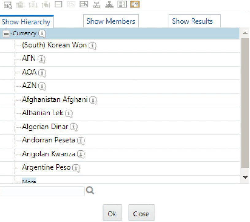 Shows the Hierarchy Browser interface for selecting currency dimension members. Users can browse or search for specific currencies and confirm their selection for use in the configuration of a contractual or hybrid run.