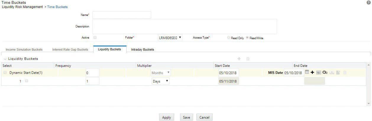 The image shows the Time Bucket definition window, where users can create and configure time buckets by specifying names, frequencies, and start dates for liquidity risk calculations.