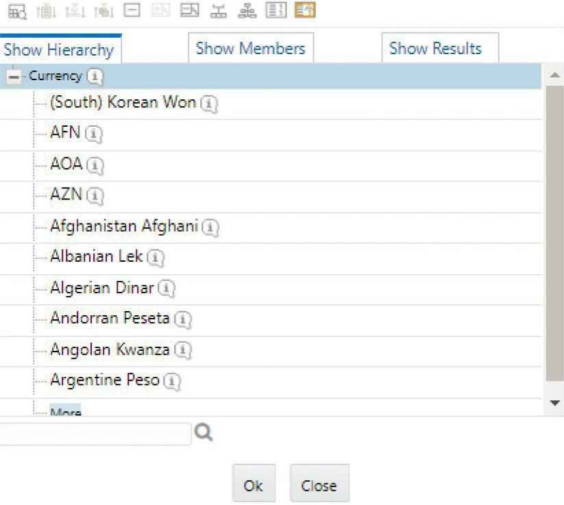 Displays the Hierarchy Browser used to select currencies for a run configuration. Users can explore the currency dimension, search specific entries, and confirm selections for use in liquidity analysis setups.