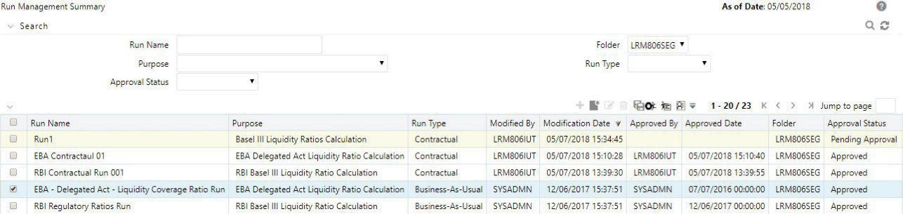 Displays the Run Management Summary screen listing multiple run definitions with details such as Run Name, Purpose, Run Type, Modification and Approval Dates, and Status. Users can filter and select a run for execution or further action.