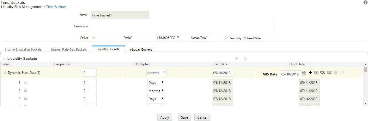 The image shows the Time Bucket Details – Edit window, allowing users to modify existing time bucket definitions, including bucket names, frequencies, and associated parameters.
