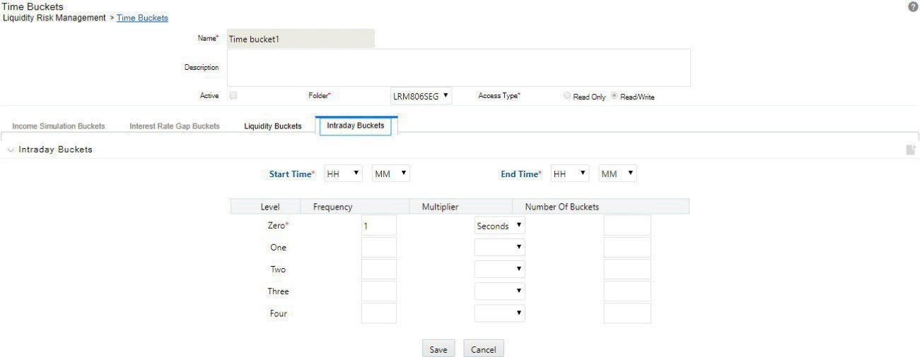 The image shows the Time Bucket interface used to define a new time bucket set, including options to specify bucket levels, durations, and associated attributes for liquidity risk processing.