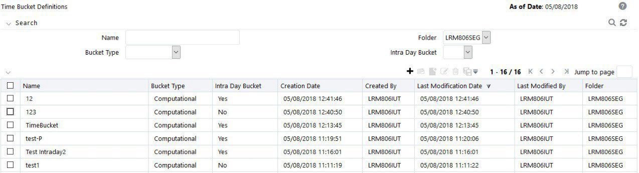 The image displays the Time Buckets Summary screen, listing all defined time bucket sets along with their details such as name, description, and creation status for easy management and access.