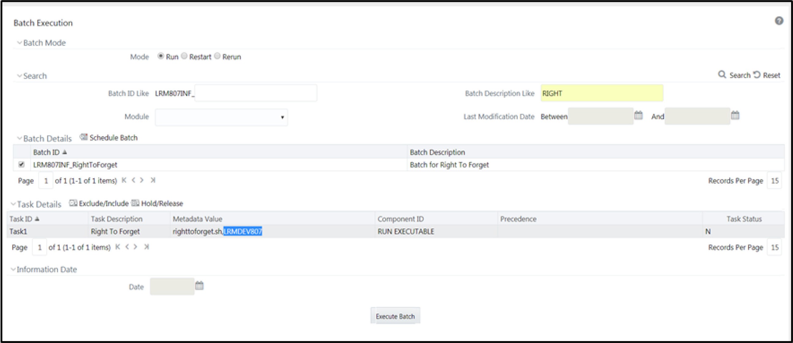 The image shows how to Configure Right to be Forgotten for OFS LRS