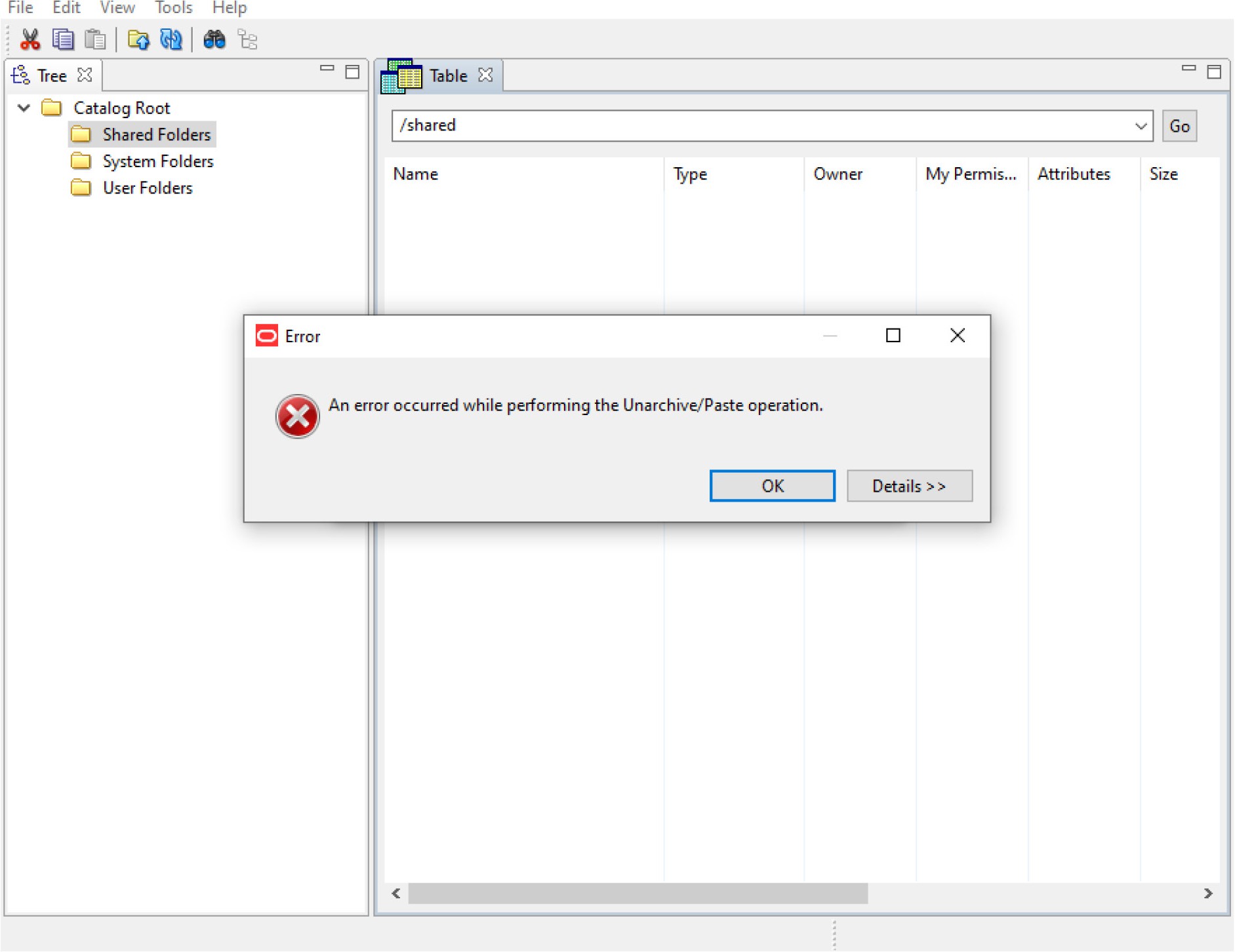 Description of the OAS Catalog Manager error follows This illustration shows the error which occurs in the Catalog Manager after unarchiving Liquidity_Risk_Management_pack.catalog.