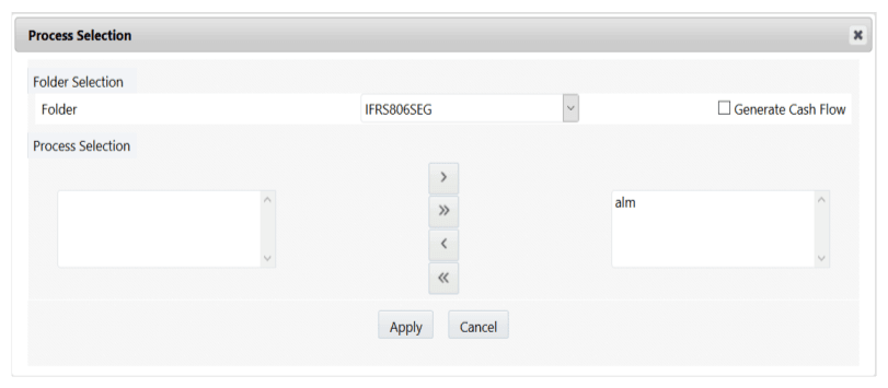 This illustration shows the Process Selection window that can be accessed from the Origination Date Cash-flow Process window. You must enter details for the Folder and Generate Cash Flow fields and select a process from the Process Selection field, and then click Apply.