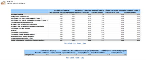 The report shows the roll forward of Expected Credit Loss and Carrying amount values, from the beginning period balance, through the various parameters or values affecting the ECL and carrying amounts to the ending balances of the current period. The report is designed in a manner that allows you to view it in either a simple format or a detailed one. The report shows the roll forward of Expected Credit Loss and Carrying amount values, from the beginning period balance, through the various parameters or values affecting the ECL and carrying amounts to the ending balances of the current period. The report is designed in a manner that allows you to view it in either a simple format or a detailed one.