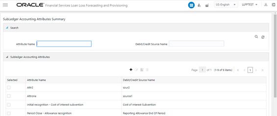 You can access the Subledger Attributes window by clicking the Subledger Attributes element from the left-hand side menu. When you click this element, the Subledger Accounting Attributes Summary window is displayed