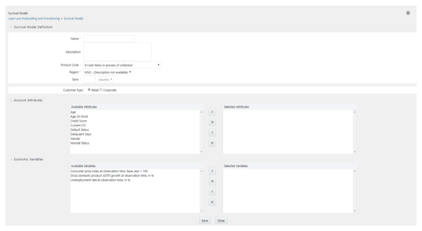 This illustration shows the Survival Model Definition window that can be accessed from the Survival Model pane. You must enter details for the Name, Description, Product Code, Region, Term fields and select a customer type from the Customer Type field. You must also select/deselect the required attributes to the Selected Attributes pane in the Available Attributes pane of the Account Attributes table, and then click Save.