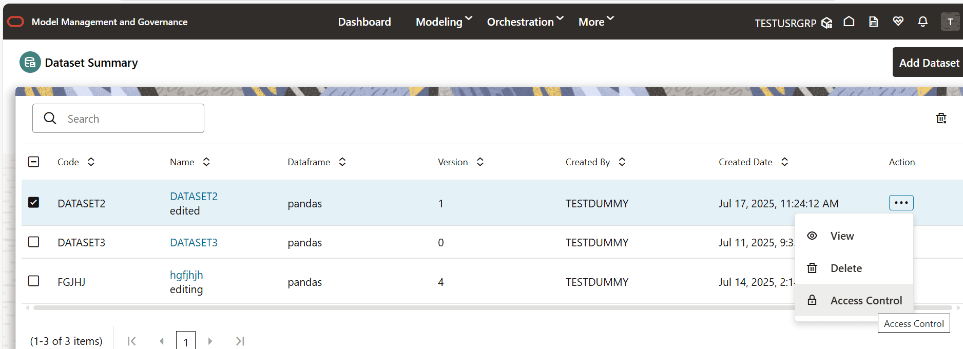 This image displays the Access Control menu option under Action.